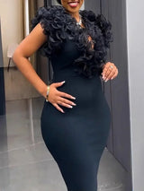 New Vintage Chic Black Women Midi Dress