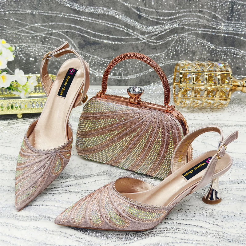 New Crystal Design Thin Heel Ladies Shoes Matching Bag Set