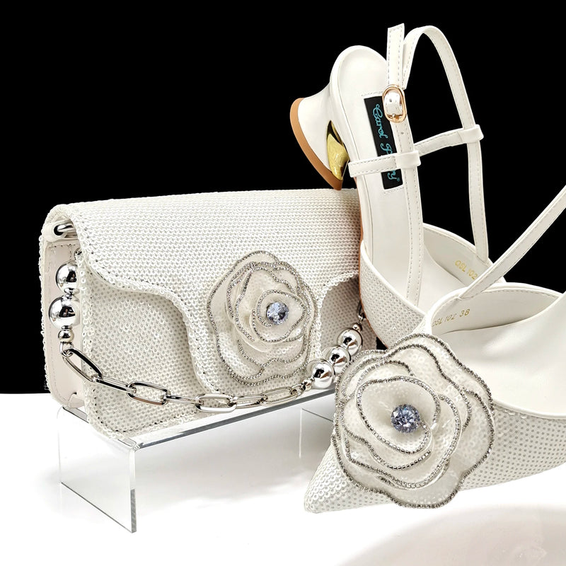 New Arrival Elegant Full of Rhinestone Flower Design Style Shoes and Bag Set