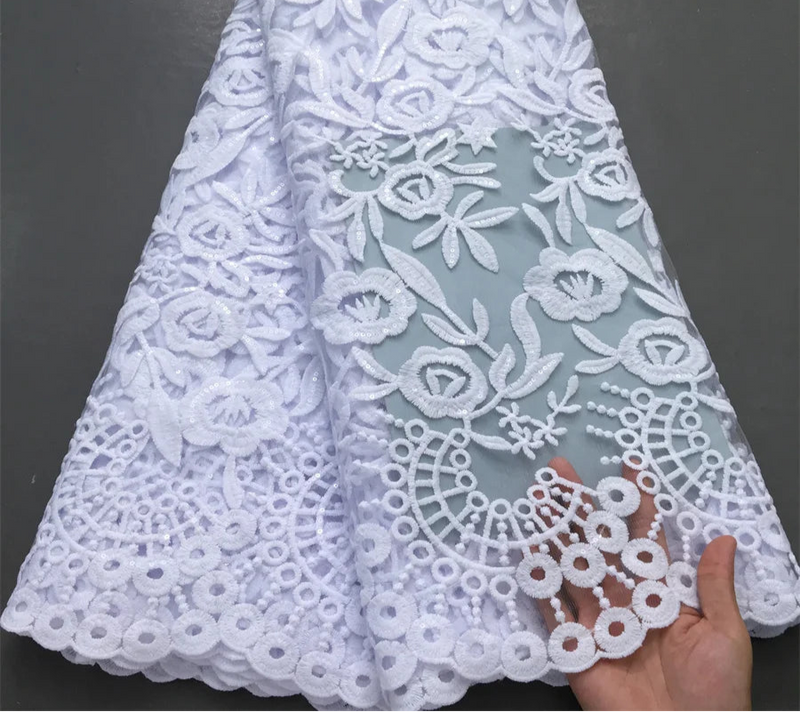 High Quality Nigerian White Mesh Embroidery Lace Fabric