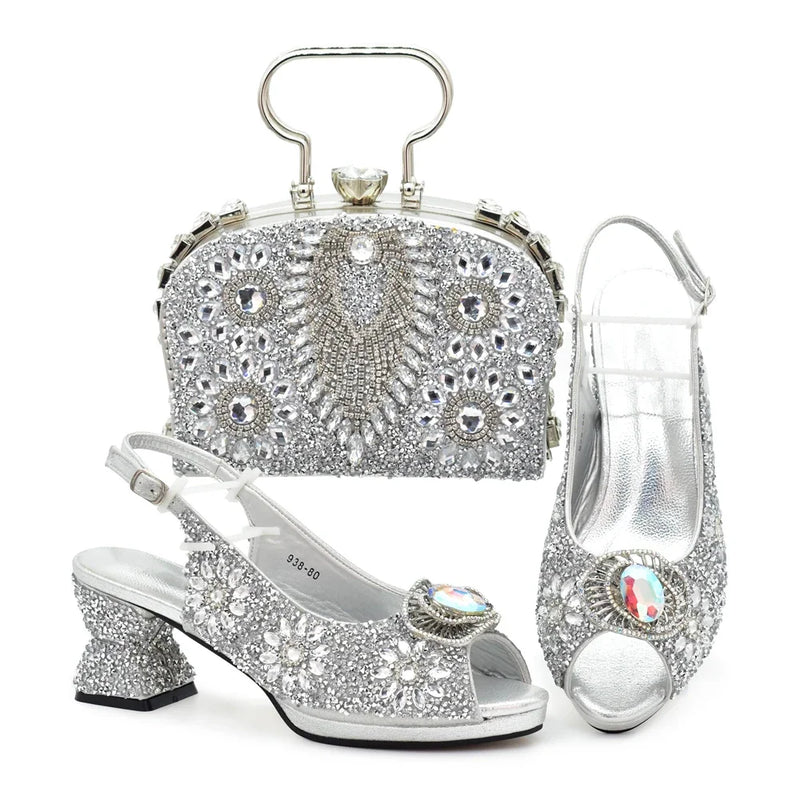 New Rhinestone Nigerian Women Shoes and Bag Set