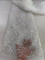 Fashion White African Luxury Beaded Tulle Lace Fabric