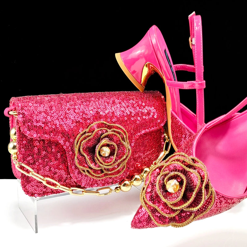 New Arrival Elegant Full of Rhinestone Flower Design Style Shoes and Bag Set