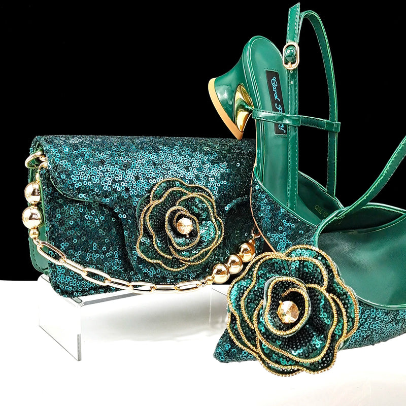 New Arrival Elegant Full of Rhinestone Flower Design Style Shoes and Bag Set