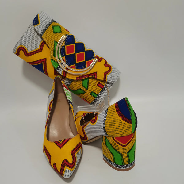 African Women Block Shoes With Match Bag