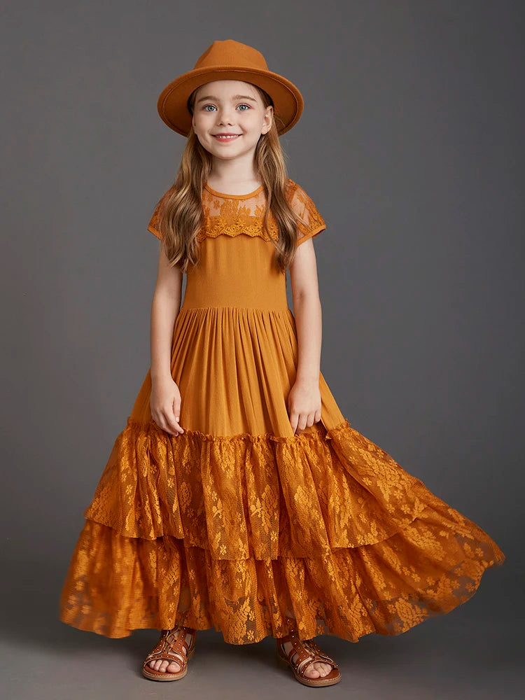 New Princess Girls Short Sleeve Lace Long Floor Dresses