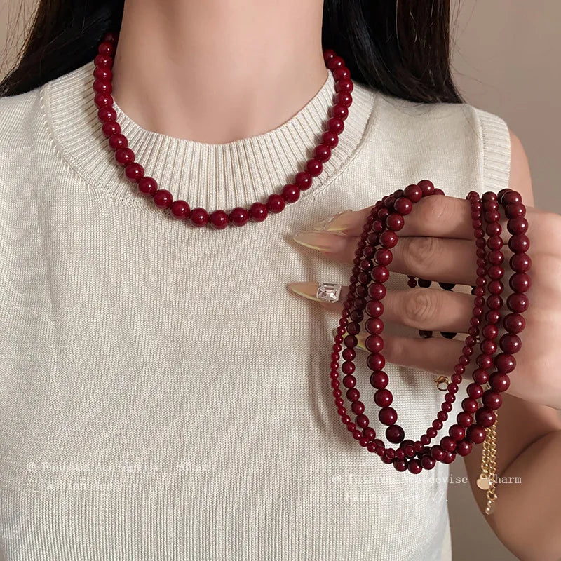 New Red Round Glass Bead Necklace