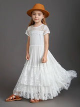 New Princess Girls Short Sleeve Lace Long Floor Dresses