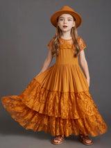 New Princess Girls Short Sleeve Lace Long Floor Dresses