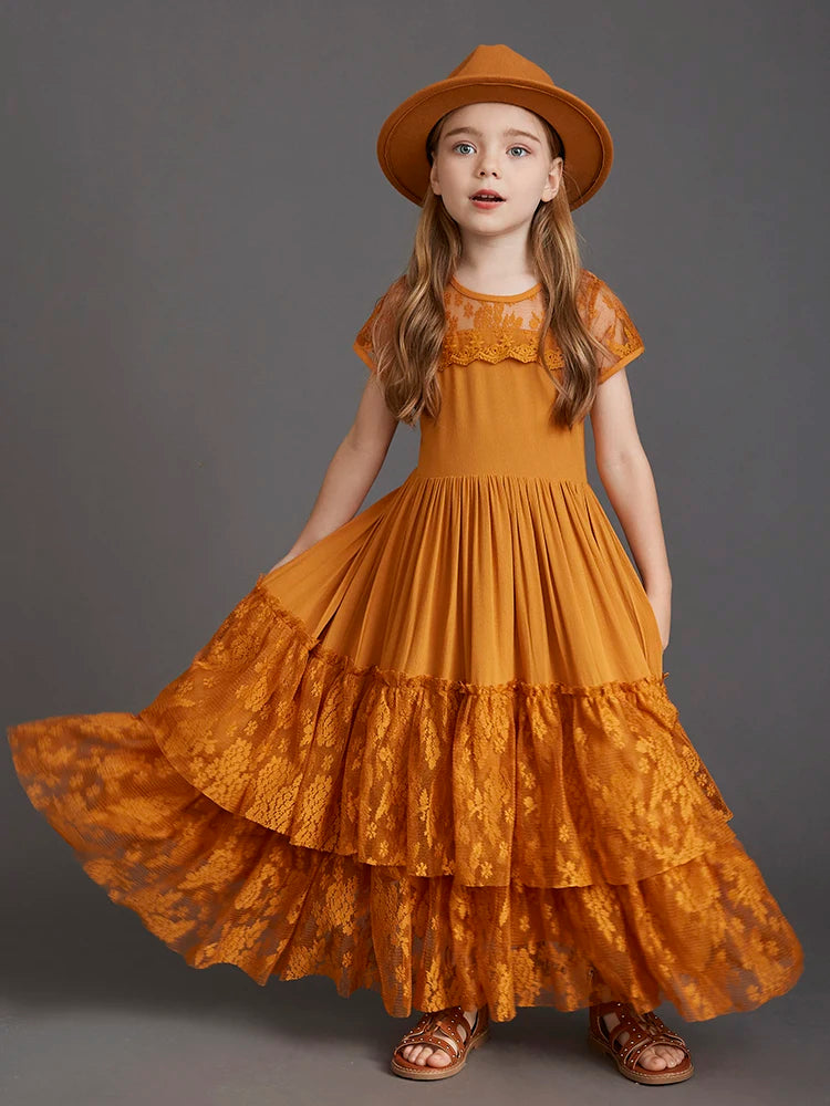 New Princess Girls Short Sleeve Lace Long Floor Dresses