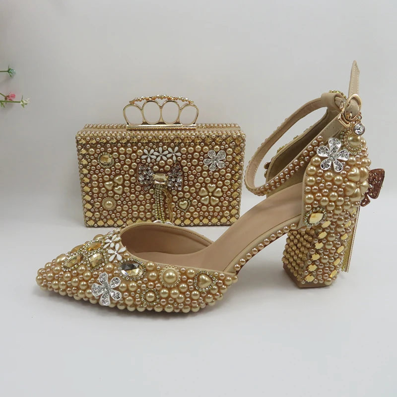 New Fashionable White Bride Party Shoes and Bag Set