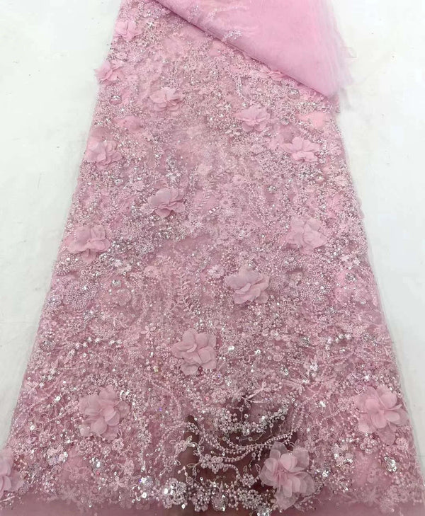 New Madison Pink 3D Beaded Tulle Lace Fabrics