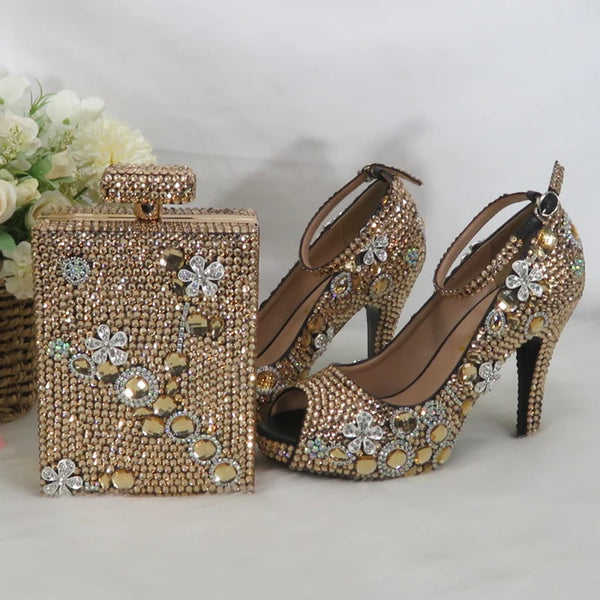 Peep Toe crystal Woman wedding shoes with matching bags