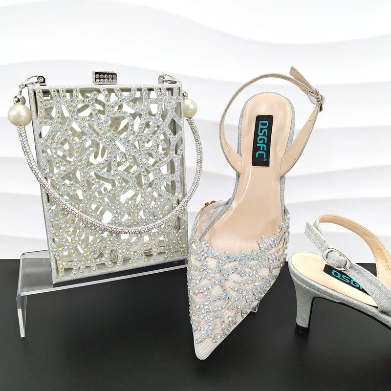 Small Rhinestones Fashion Party Ladies Shoes And Bag