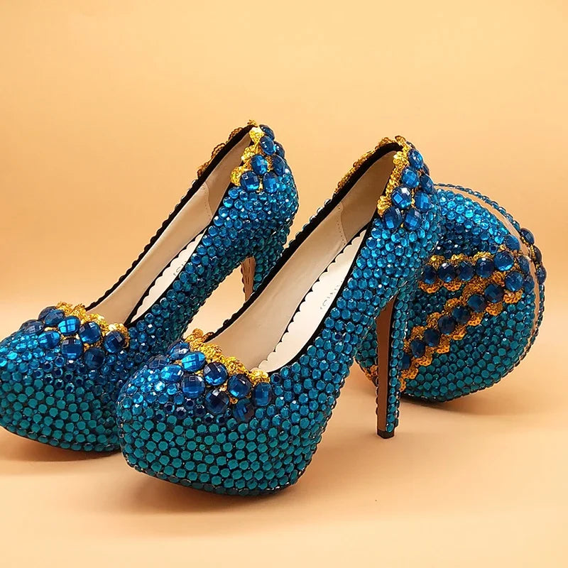 Autumn New Bluish Green crystal Womens Wedding shoes with matching bags