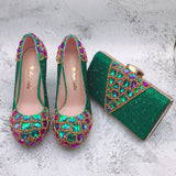 New Wedding Green Crystal Shinning Rhinestone Shoes And Bag Set