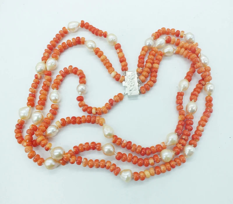 New natural orange coral pearl necklace