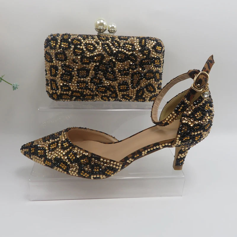 New Luxury  Leopard Thick Heel Bridal Wedding shoe and purse