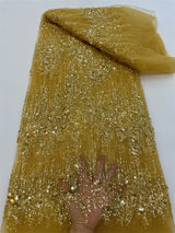 New Luxury Yellow Sequins Tube Beads Lace Fabric