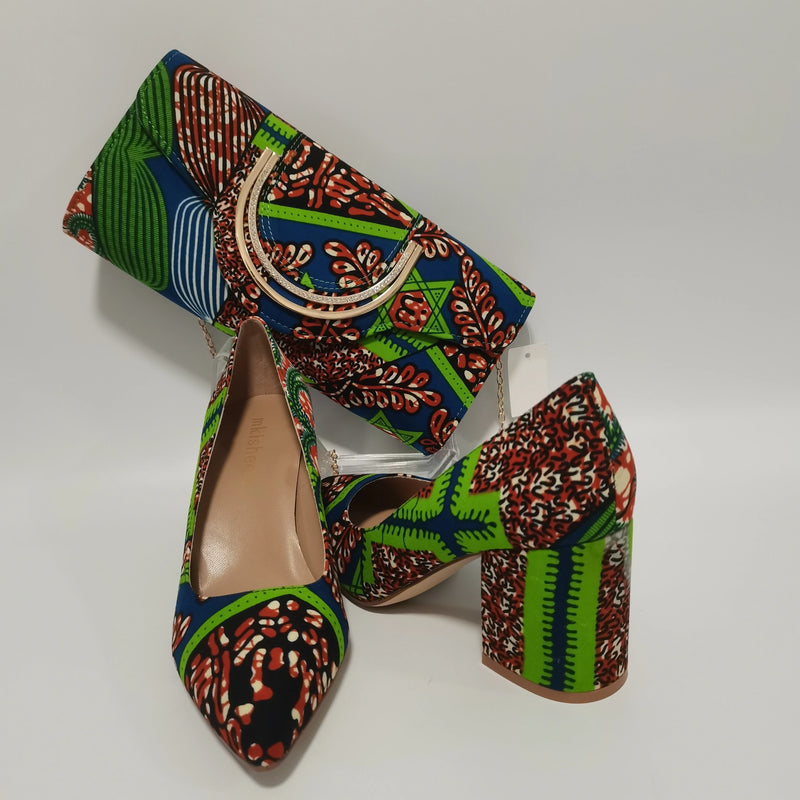 African Women Block Shoes With Match Bag