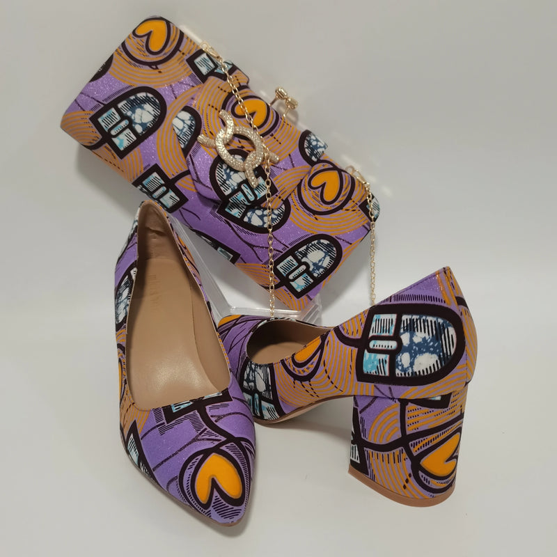 African Women Block Shoes With Match Bag