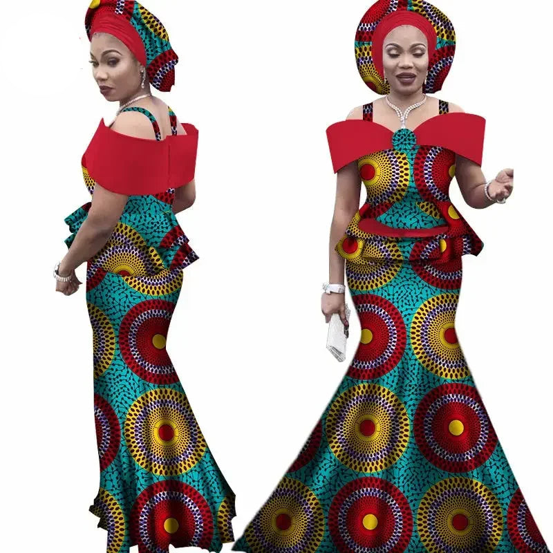 Women Dashiki Bazin Print Strap Tops and Long Skirts