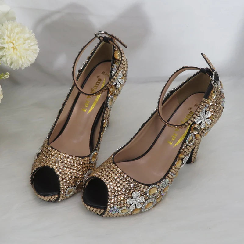 Peep Toe crystal Woman wedding shoes with matching bags