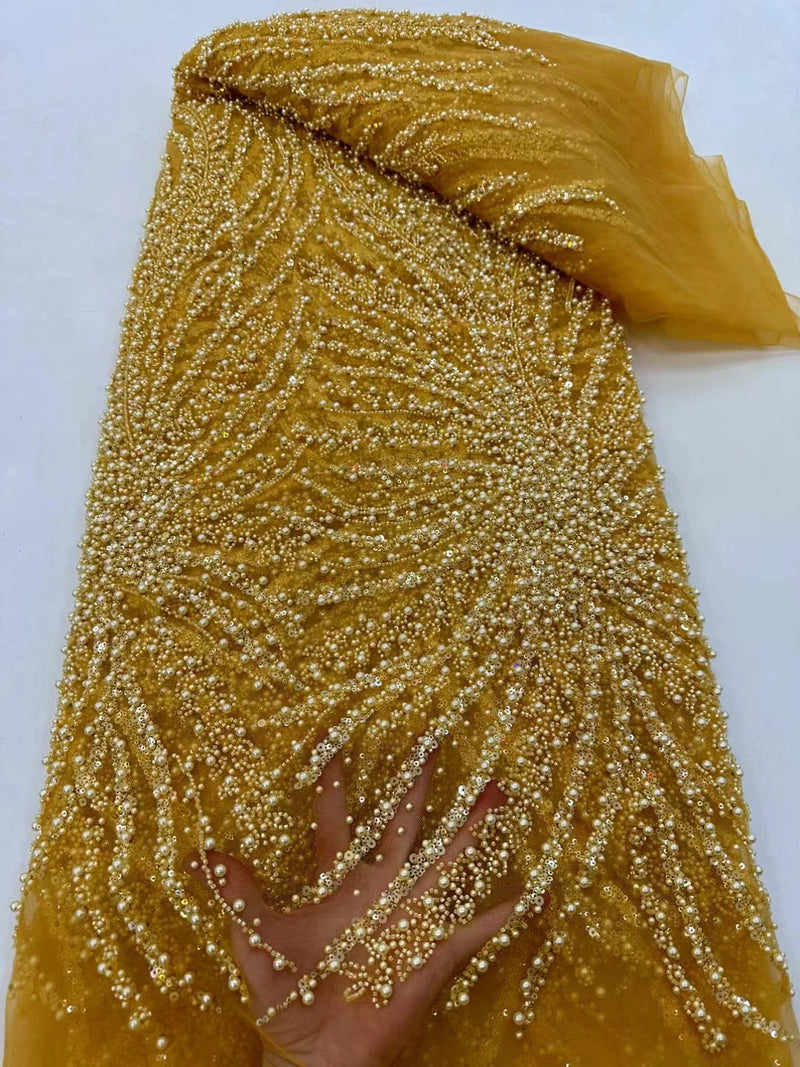 African Luxury Sequins Pearls Mesh Fabric