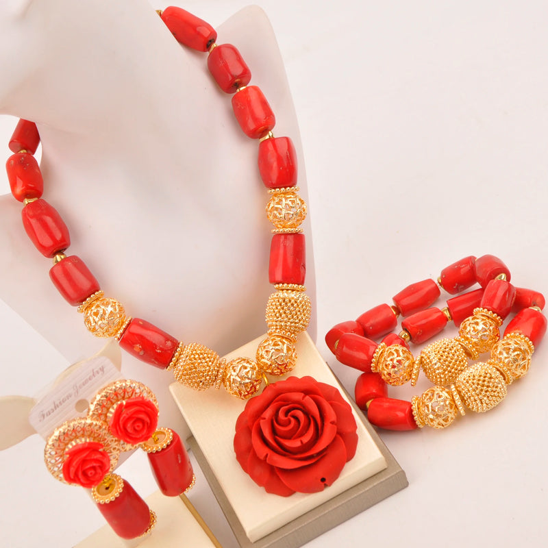 Original Orange Coral Beads Necklace Set