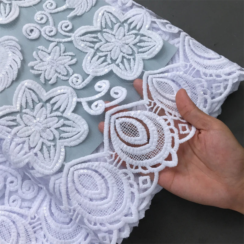 High Quality Nigerian White Mesh Embroidery Lace Fabric