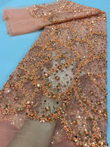 Luxury Golden African Handmade Sequins Net Pearls Lace Fabric