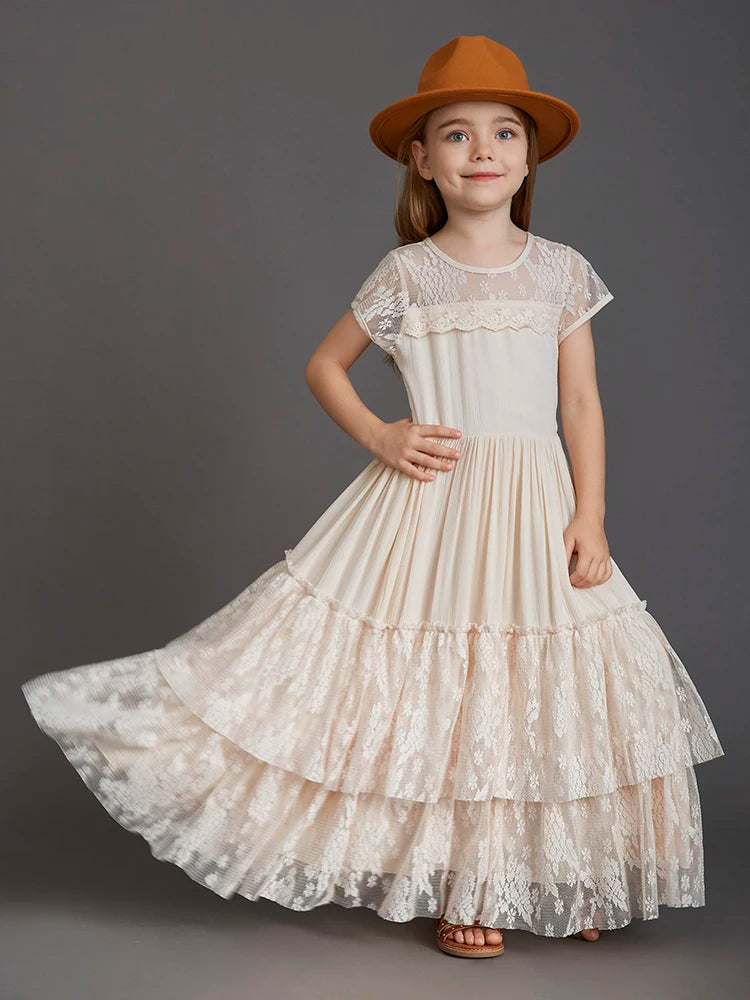 New Princess Girls Short Sleeve Lace Long Floor Dresses