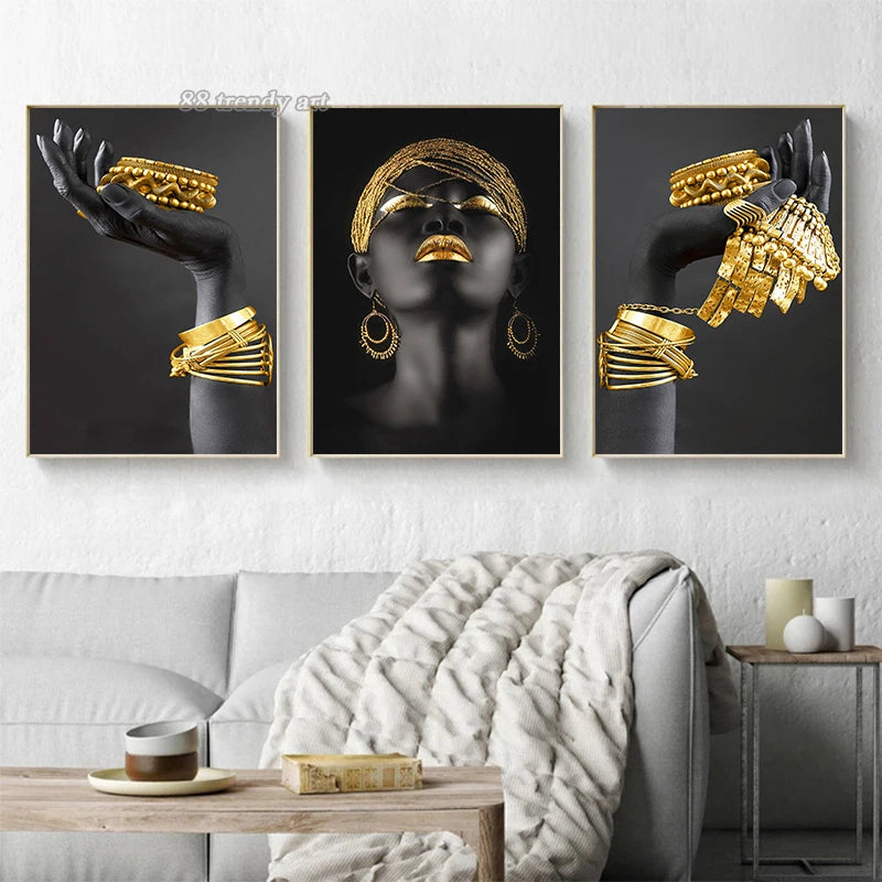 African Woman Gold Jewelry Canvas Painting Posters