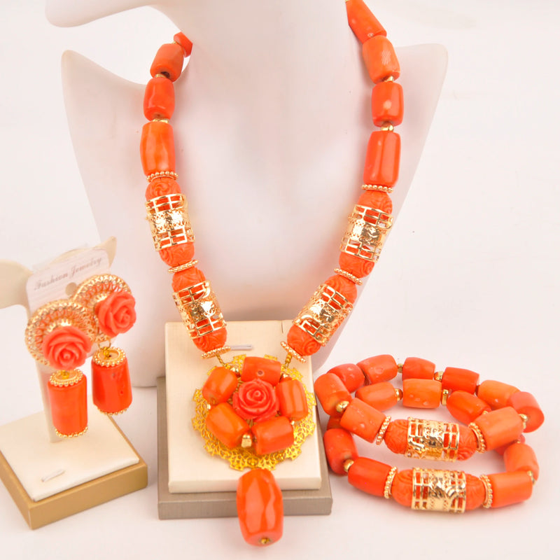 Original Orange Coral Beads Necklace Set