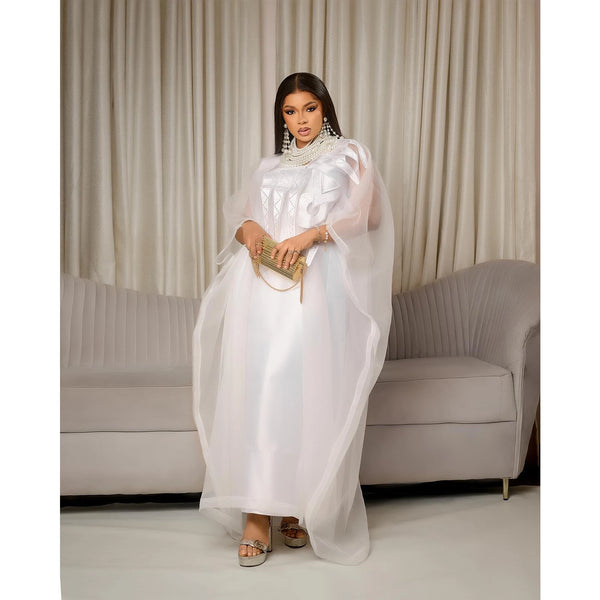 Women White Abaya Embroidery Plus Size Elegant Party Church Dress