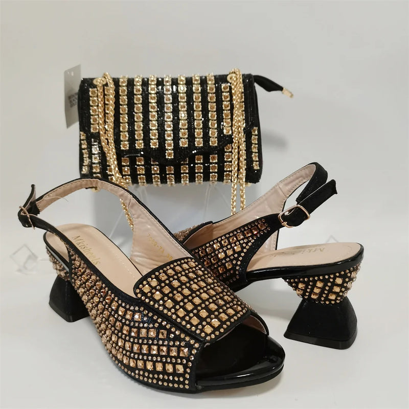 Women Crystal Design Sandal with Rhinestone Bag Set