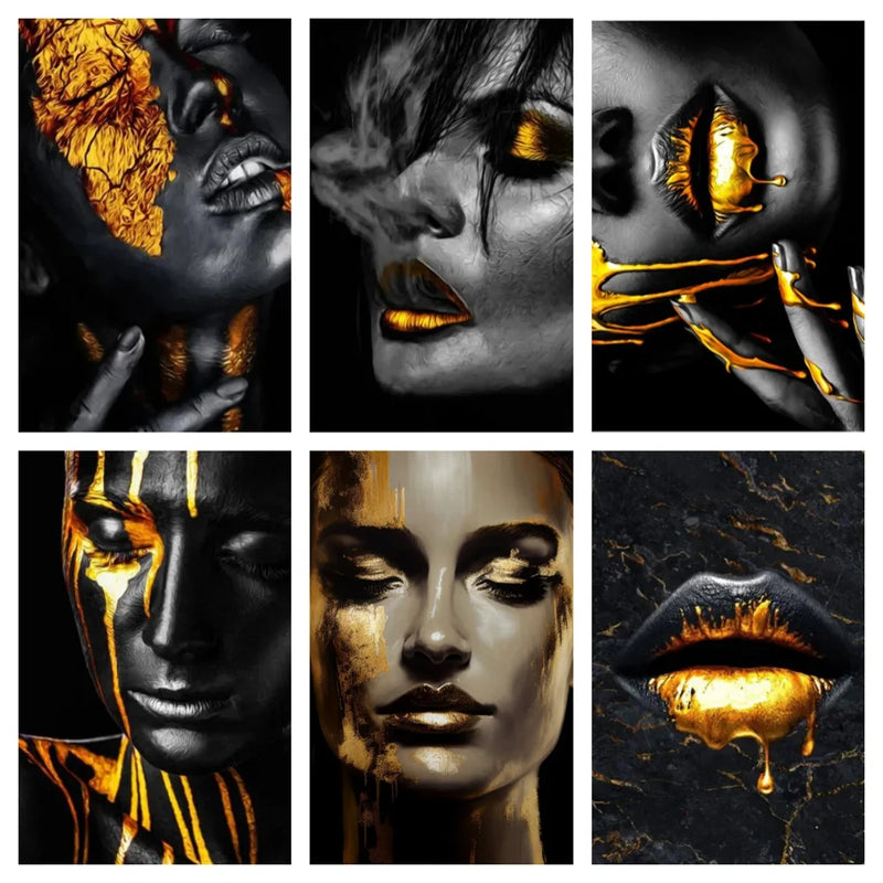 African Women Black and Gold Face Lip Wall Art Poster