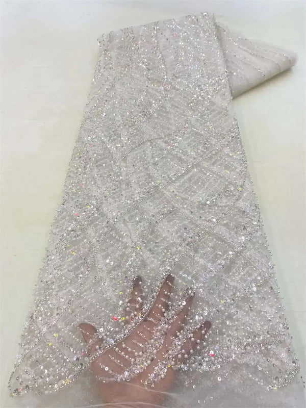 New Luxurious African Beaded Net Mesh Lace Fabric