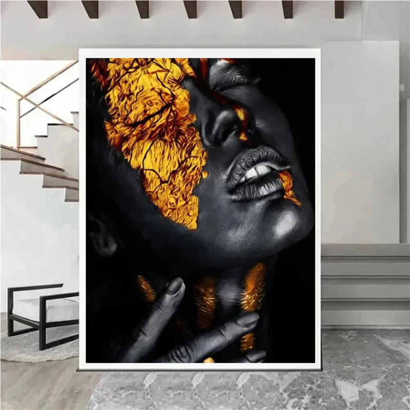 African Women Black and Gold Face Lip Wall Art Poster