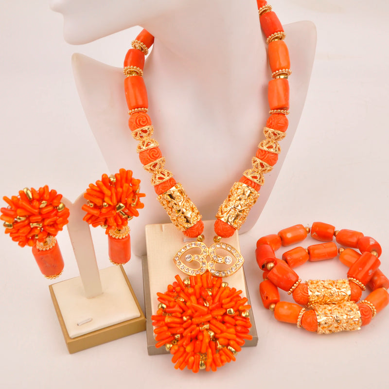 Original Orange Coral Beads Necklace Set