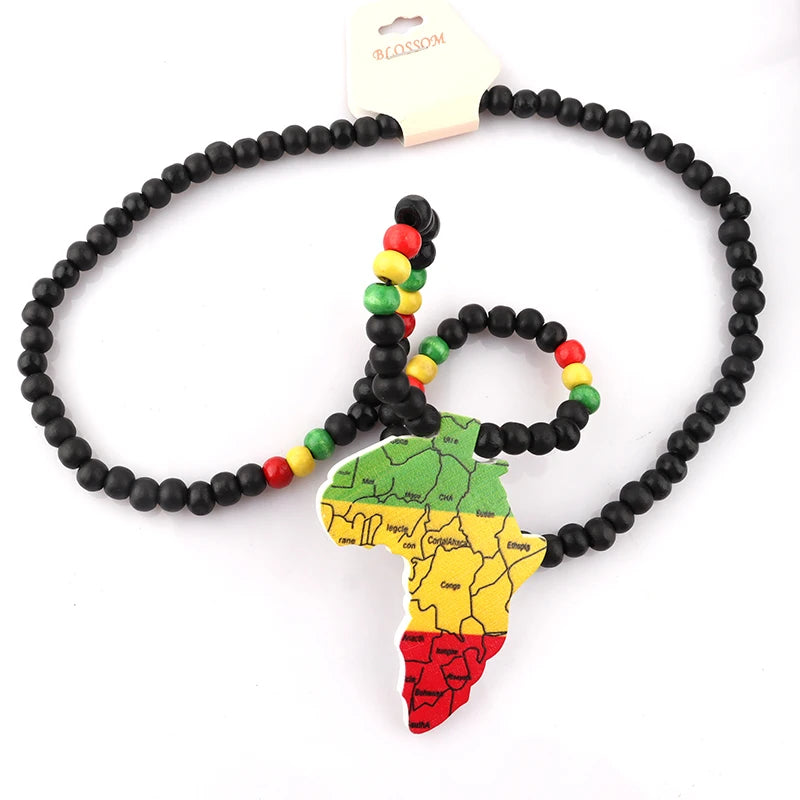 African Map Beaded Wooden Necklace