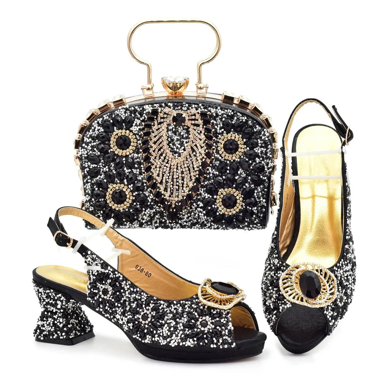 New Rhinestone Nigerian Women Shoes and Bag Set