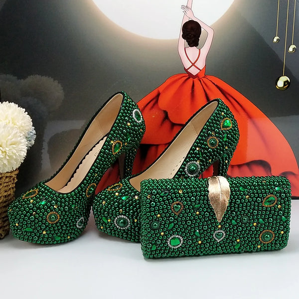 New arrival Green Pearl Bridal shoes and Bag Set