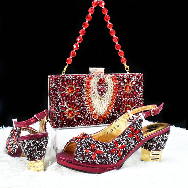 New Women Red Italian Shoes with Matching Bag set