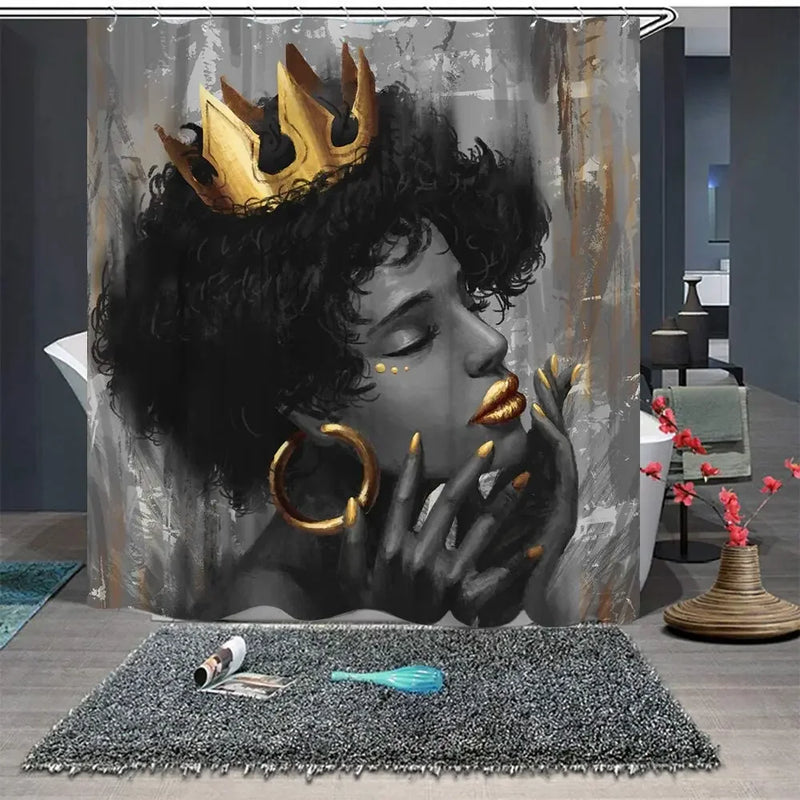 African Women Shower Curtain Black Girl with Gold Crown Art