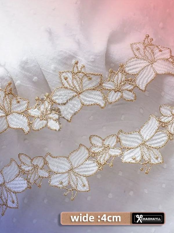 1 Yard Gold White Embroidery Lace Trim