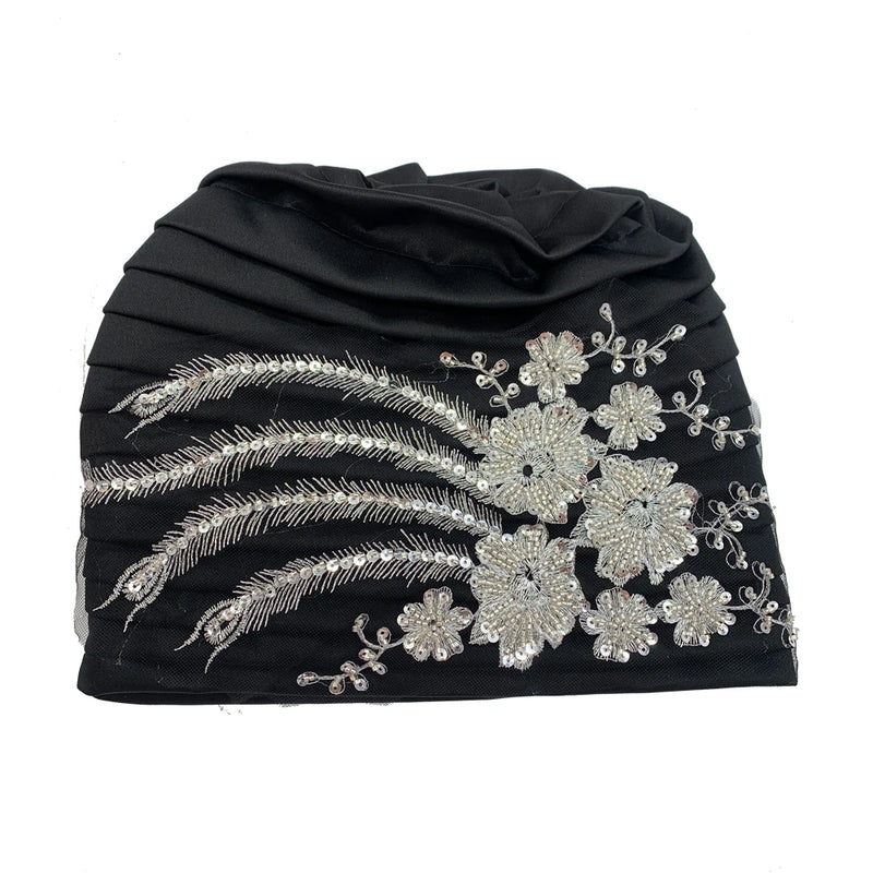 New Luxury Embroidery Beading Pleated Turban Cap