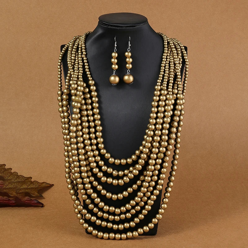 African Style Multi-Layer Wooden Bead Jewelry Set