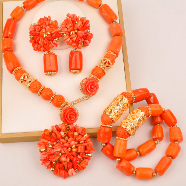 Original Orange Coral Beads Necklace Set