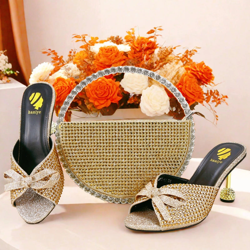 New doershow beautiful Italian gold Shoes And Bag Sets